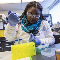 student pipetting samples in a lab